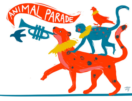 A LIMITEED EDITION ART PRINT OF AN ANIMAL PARADE, LEOPARD, MONKEY AND BIRD. HIGH QUALITY GICLEE PRINT 